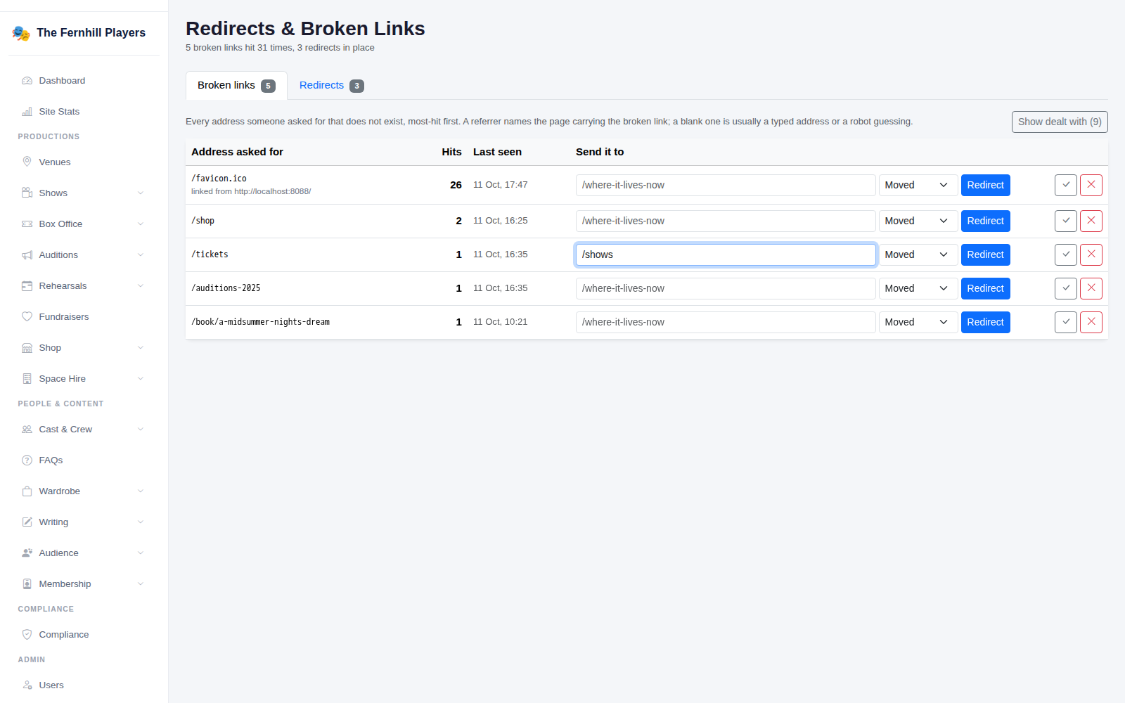 Typing a new destination for the broken address /tickets before clicking Redirect.