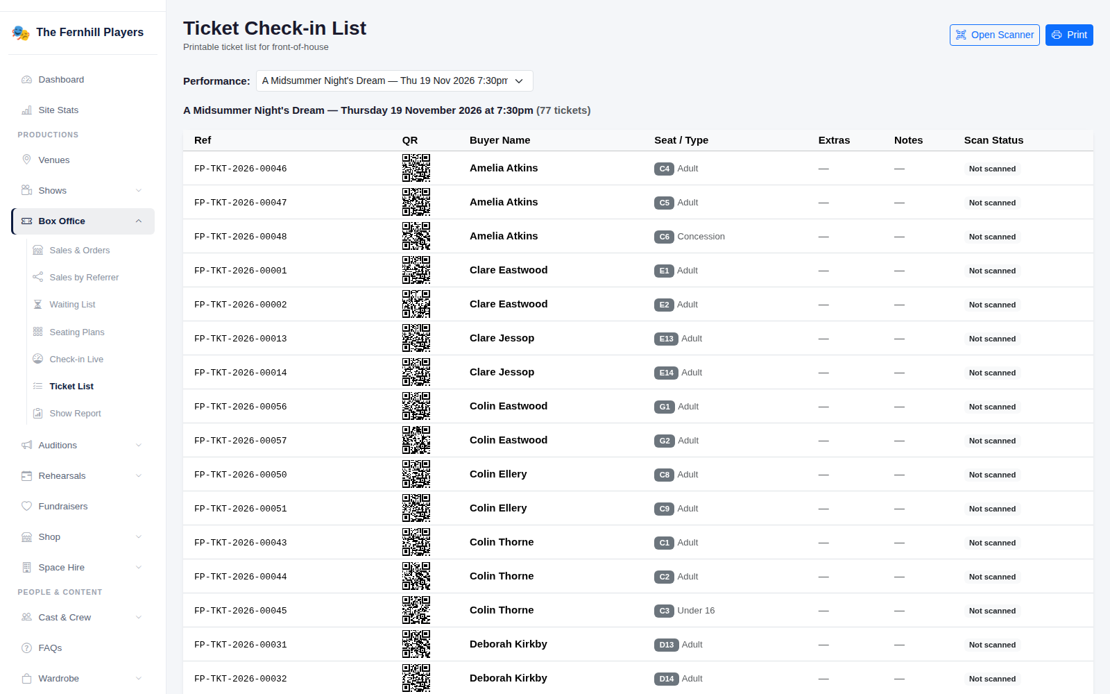 The Ticket Check-in List for one performance, with Open Scanner and Print at the top.
