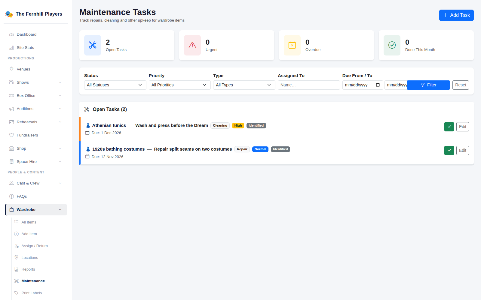 Open maintenance tasks, with totals and filters.