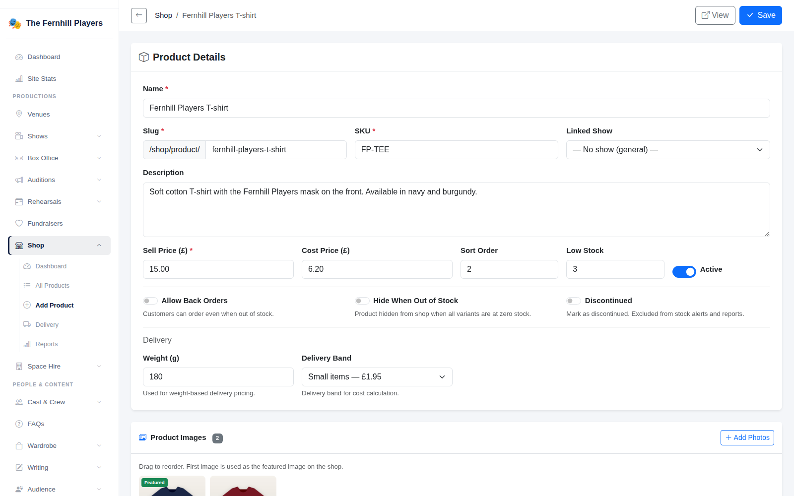 A saved product with its details, photos and variants.