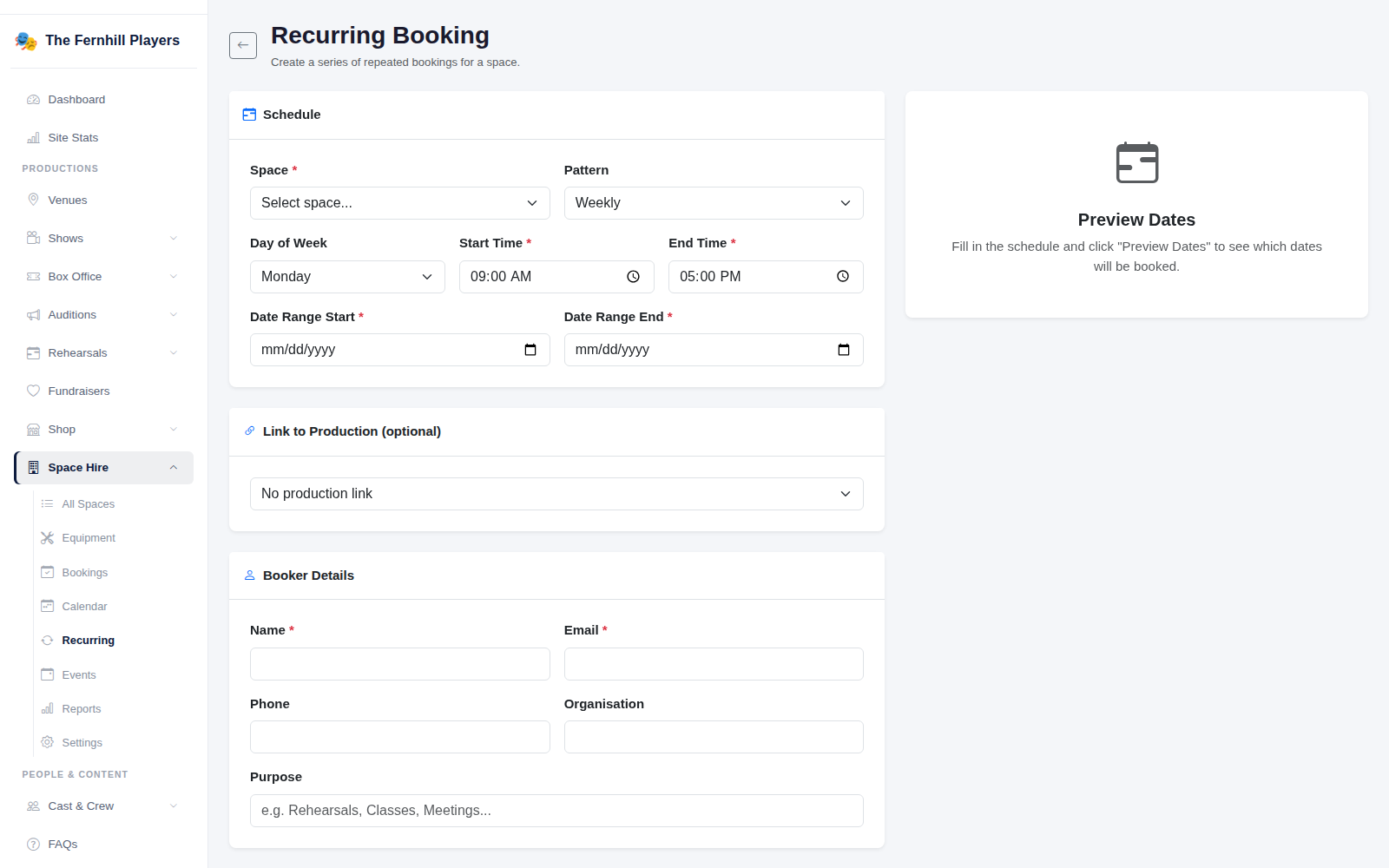Recurring Booking: a weekly slot for a regular hirer, previewed before it's saved.