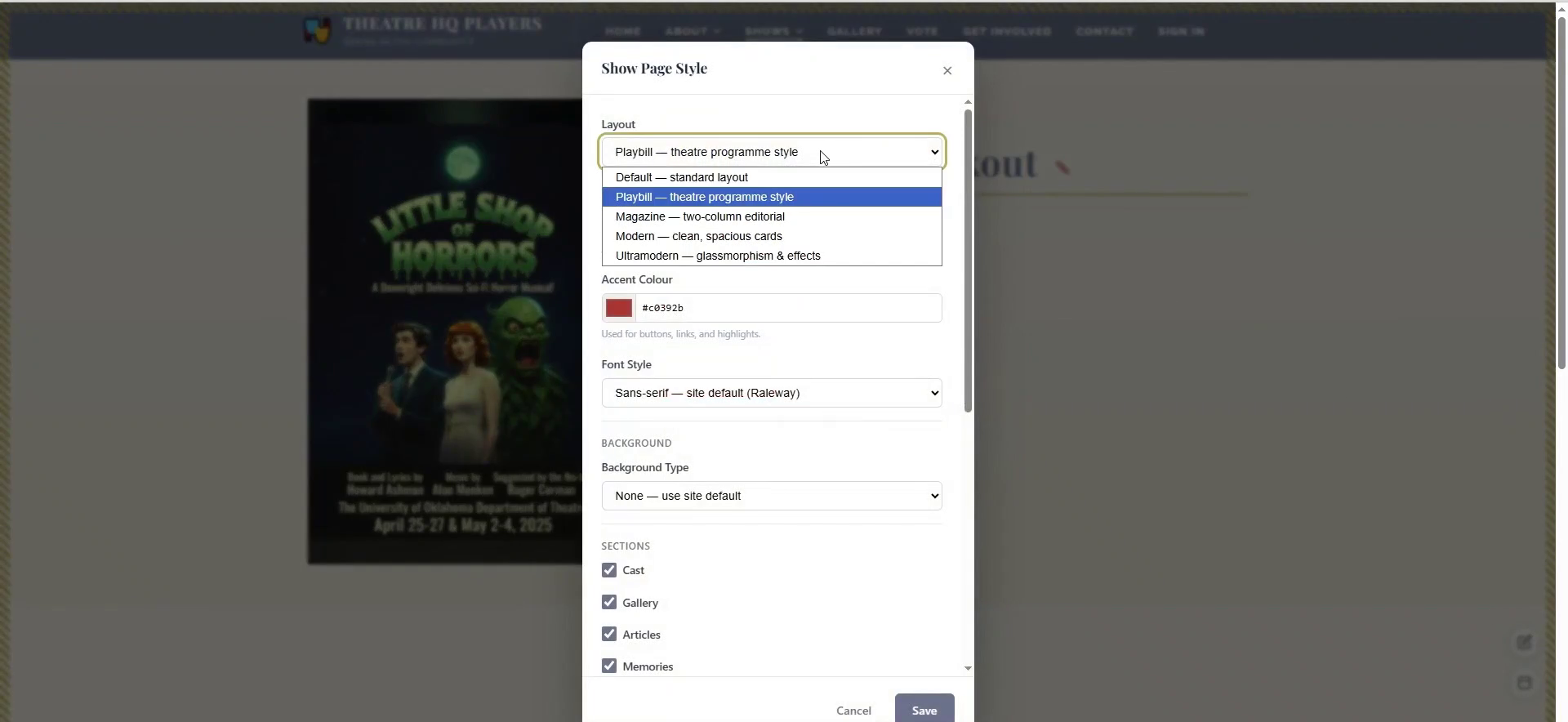 Pick a layout for your show pages from the Show Page Style panel.