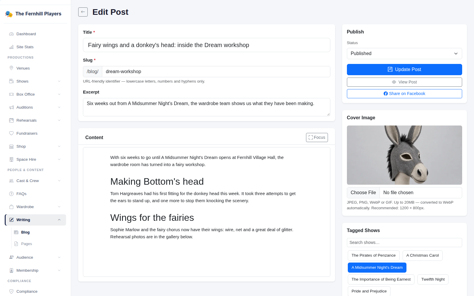 Editing a post: title, slug, excerpt, the content and the publish options.
