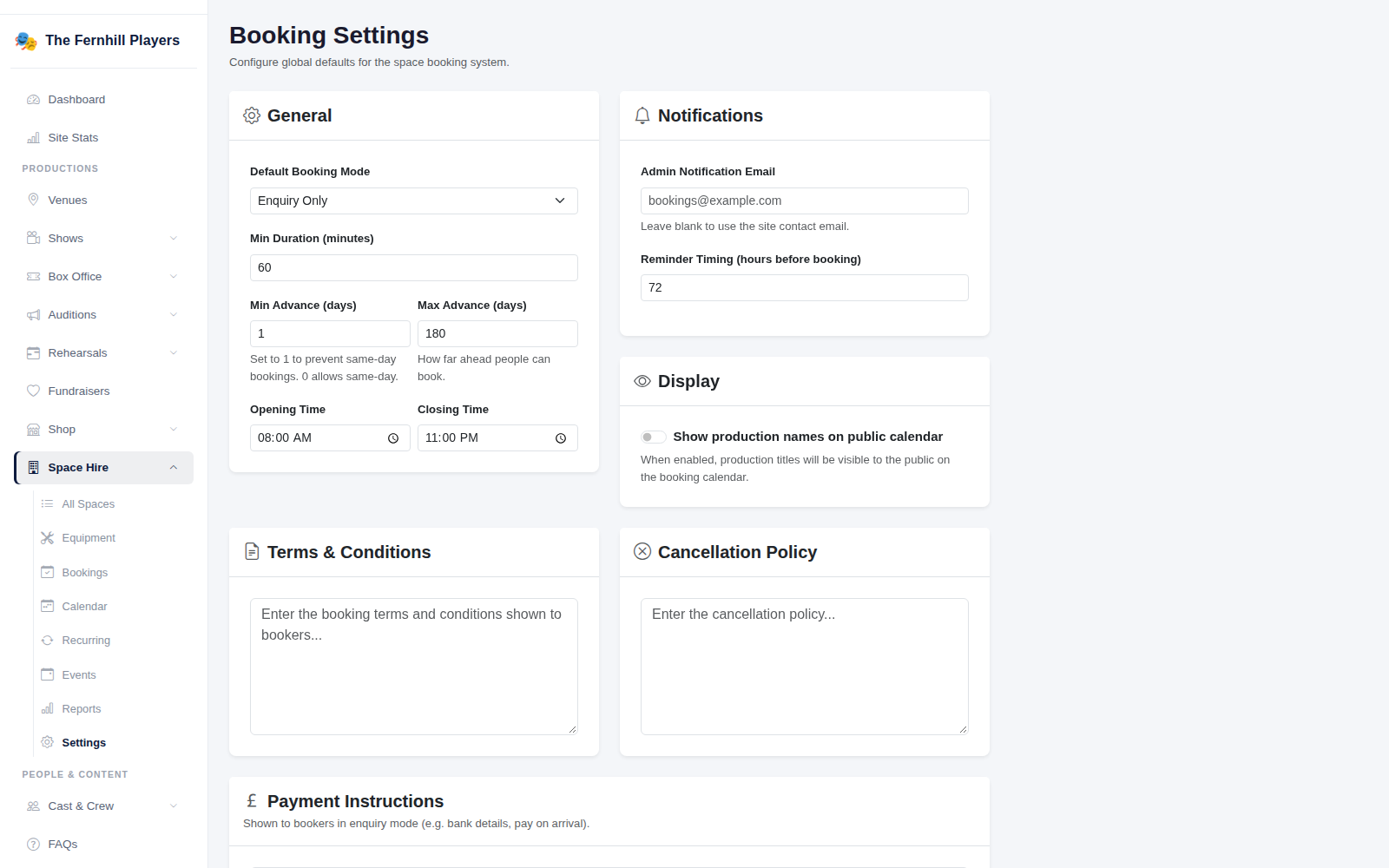 Booking Settings: opening hours, notice periods, notifications and your terms.