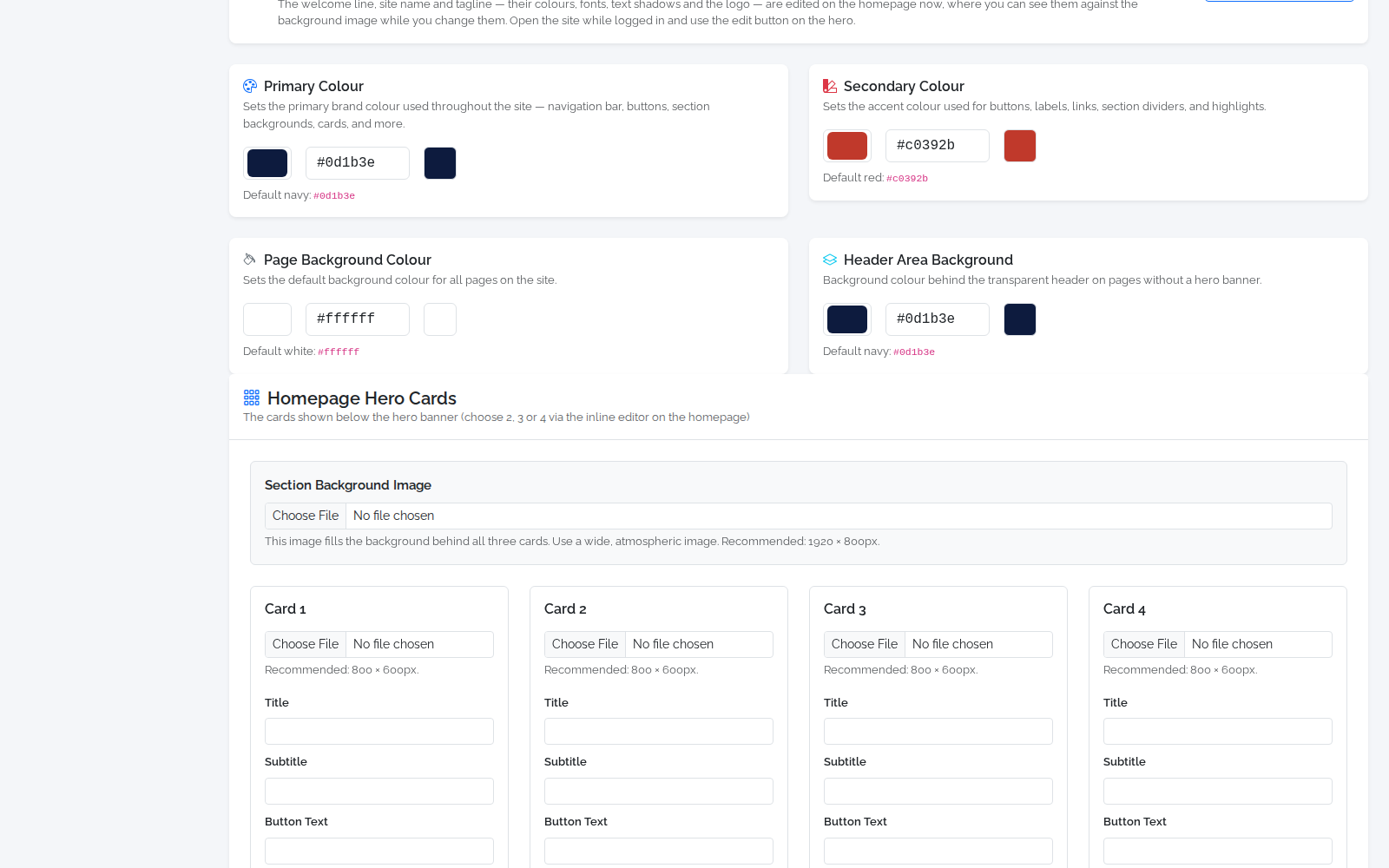 Primary, secondary, background and header colours, with the homepage hero cards below.