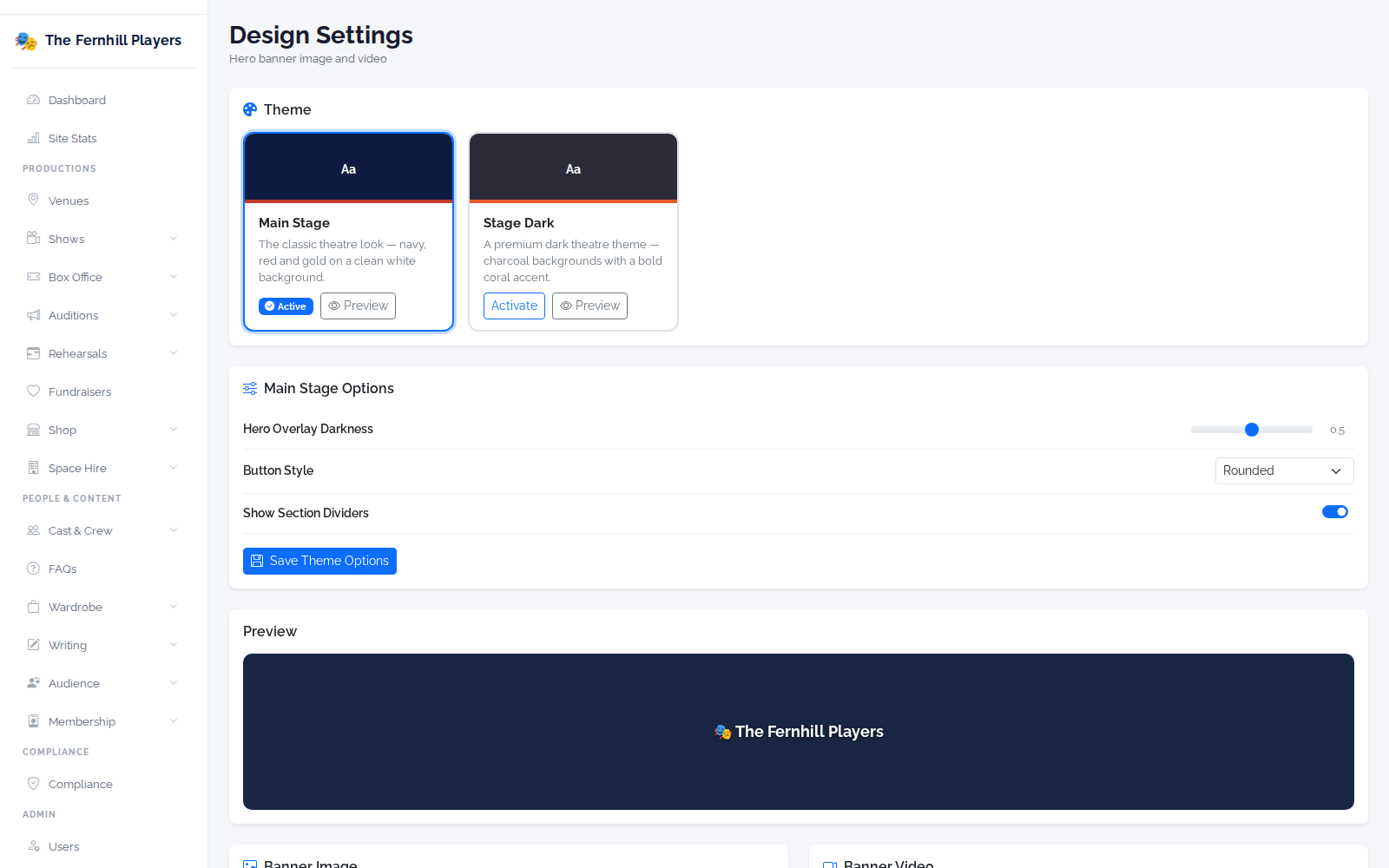 Design Settings: the two themes, theme options and a preview.