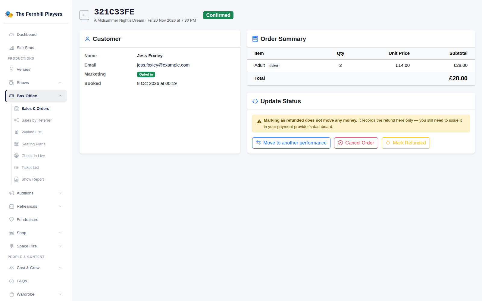 An order: the customer, order summary and the Update Status options, including Move to another performance.
