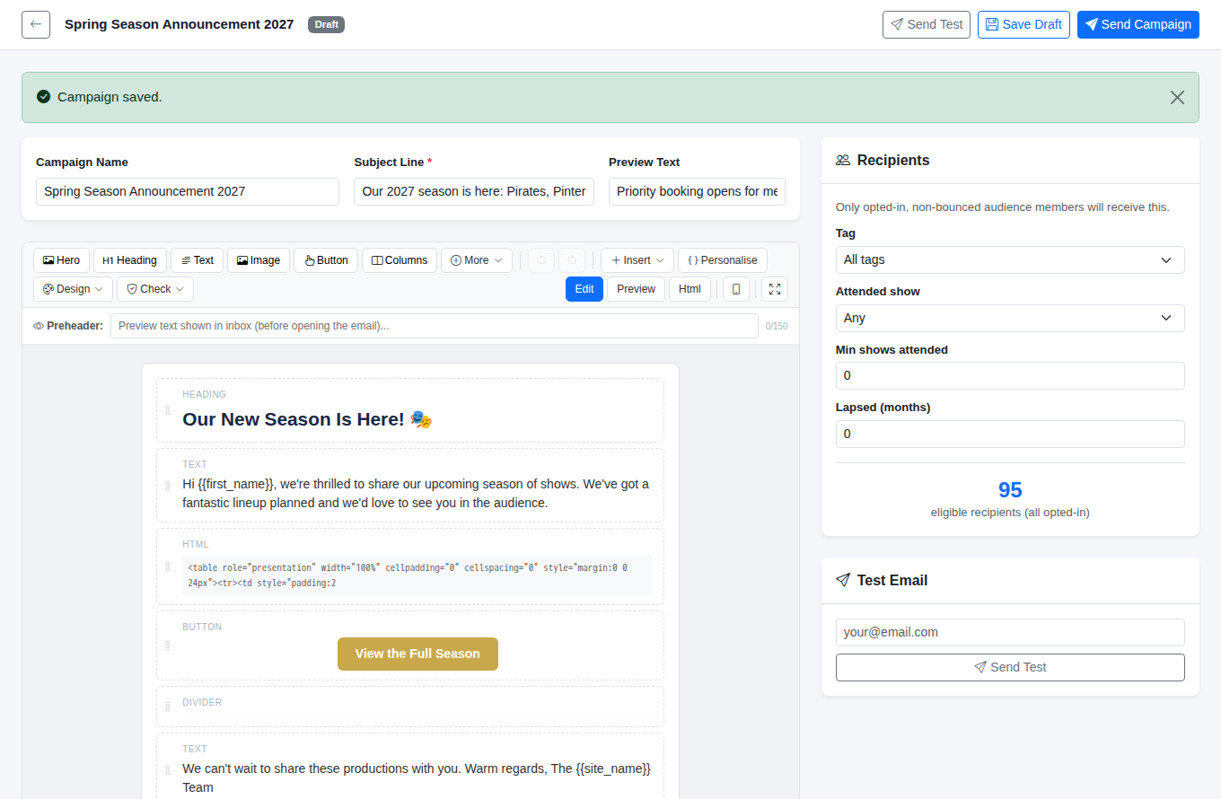 The campaign editor with a New Season Announcement template.