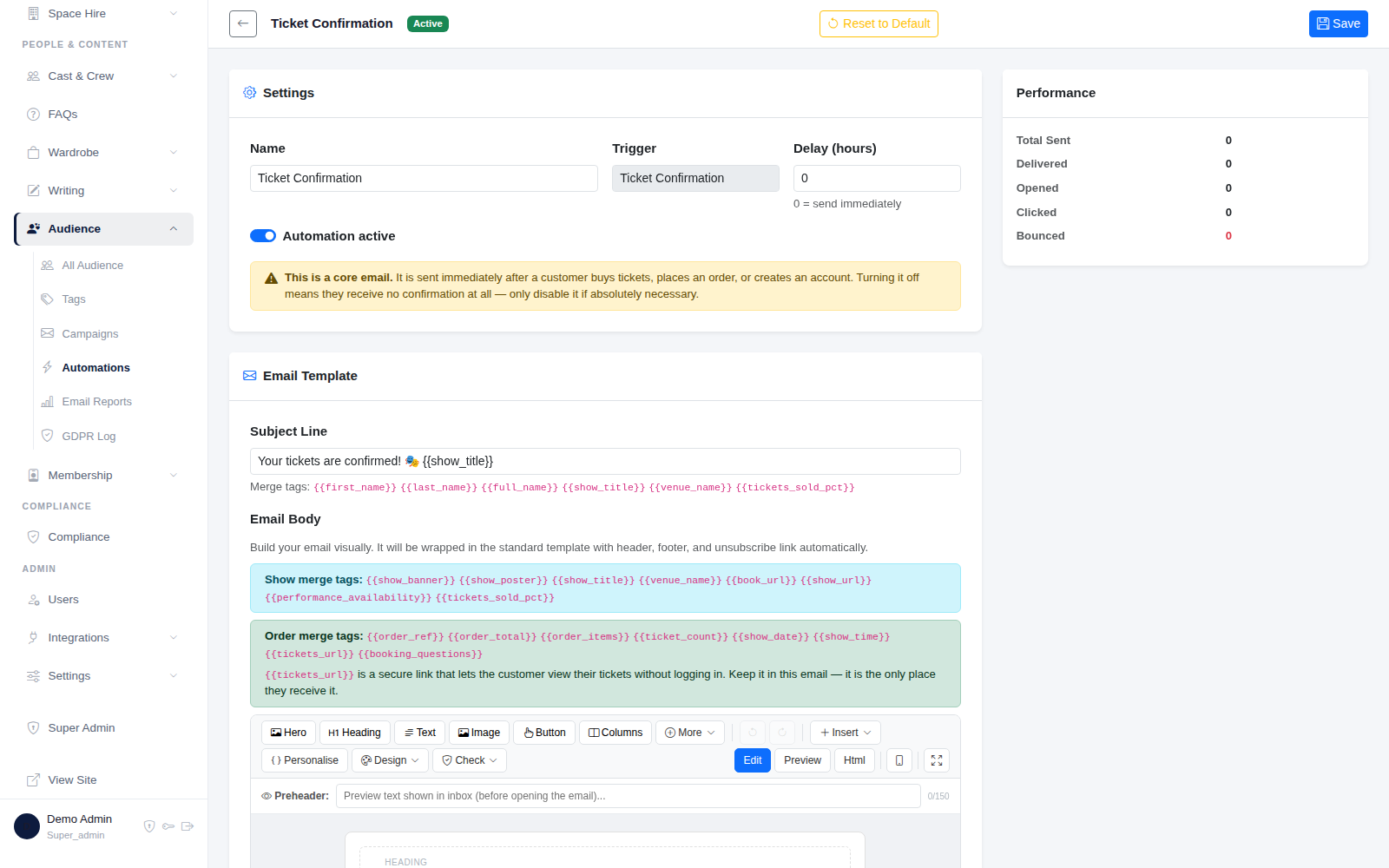 The email template: subject line, available merge tags and the visual editor.