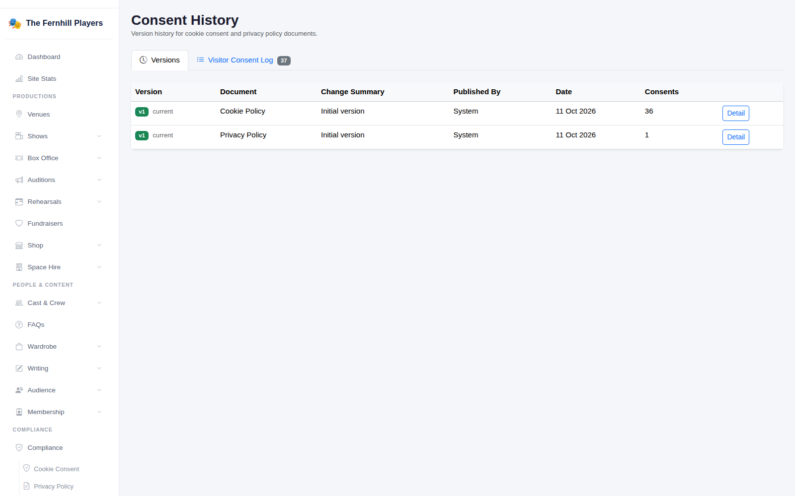 Consent History: each policy version and how many consents were recorded against it.