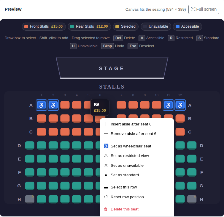 Right-click a seat to change its type or add an aisle.