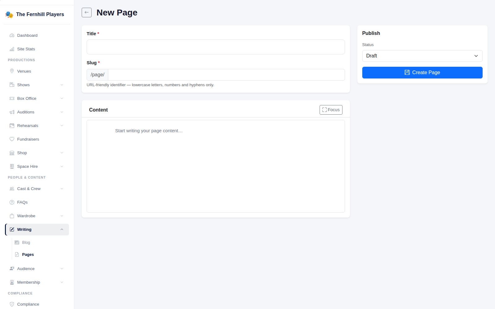 A new page: title, slug, content editor and publish status.