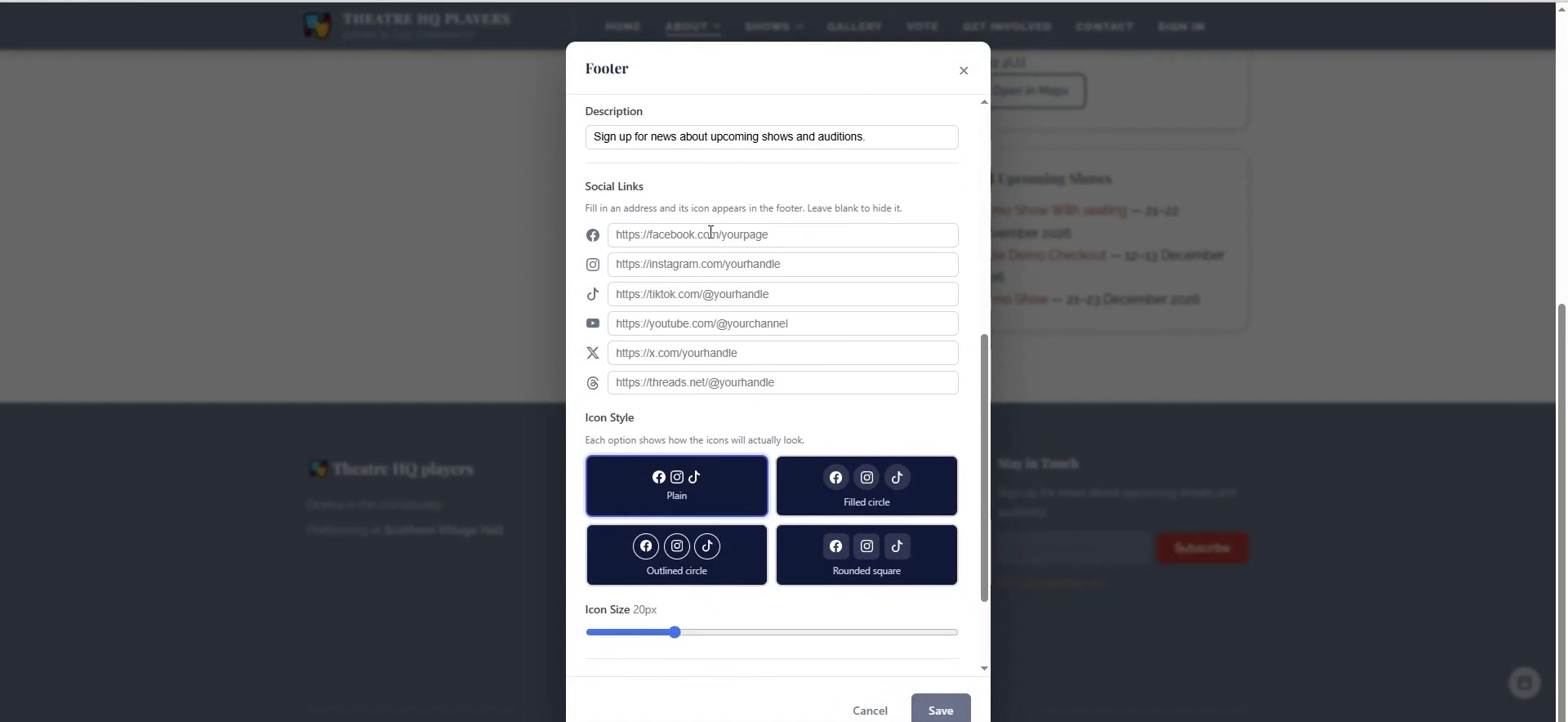 Update footer text and social links for the whole site.