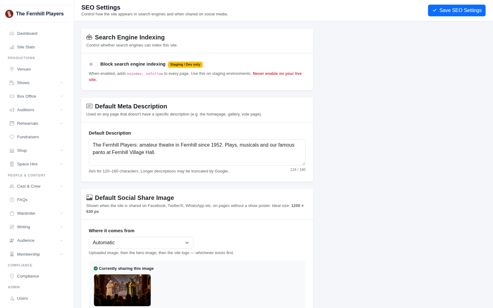 Indexing turned off, as it should be on your live site, and a default description.