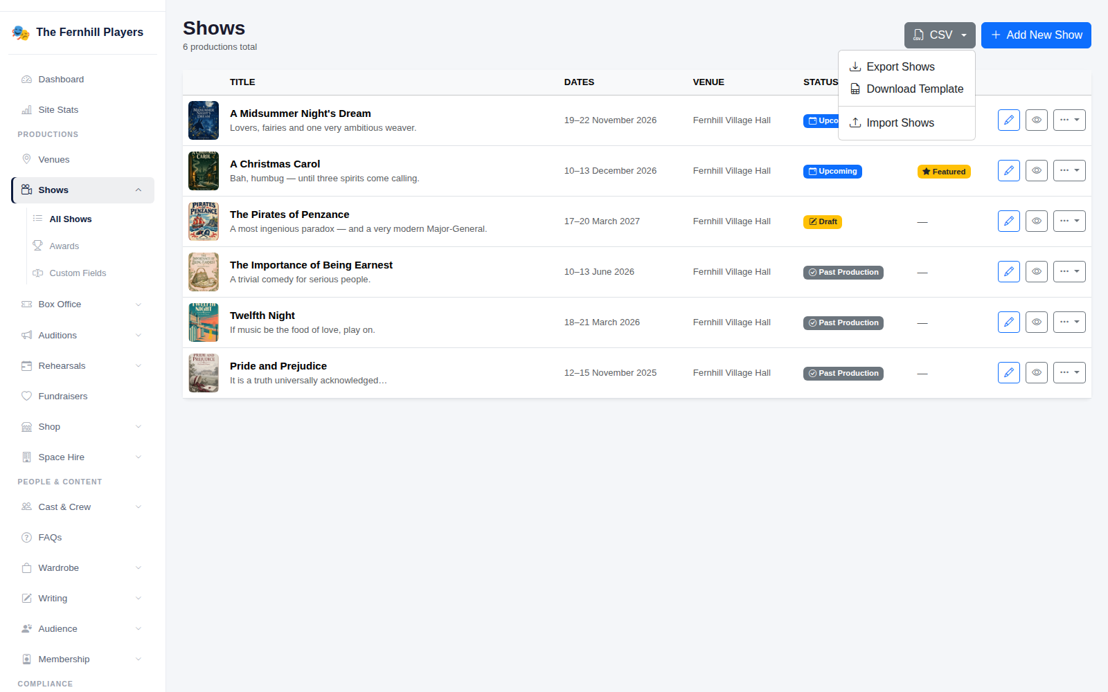The CSV menu on the shows list: export, download the template, or import.
