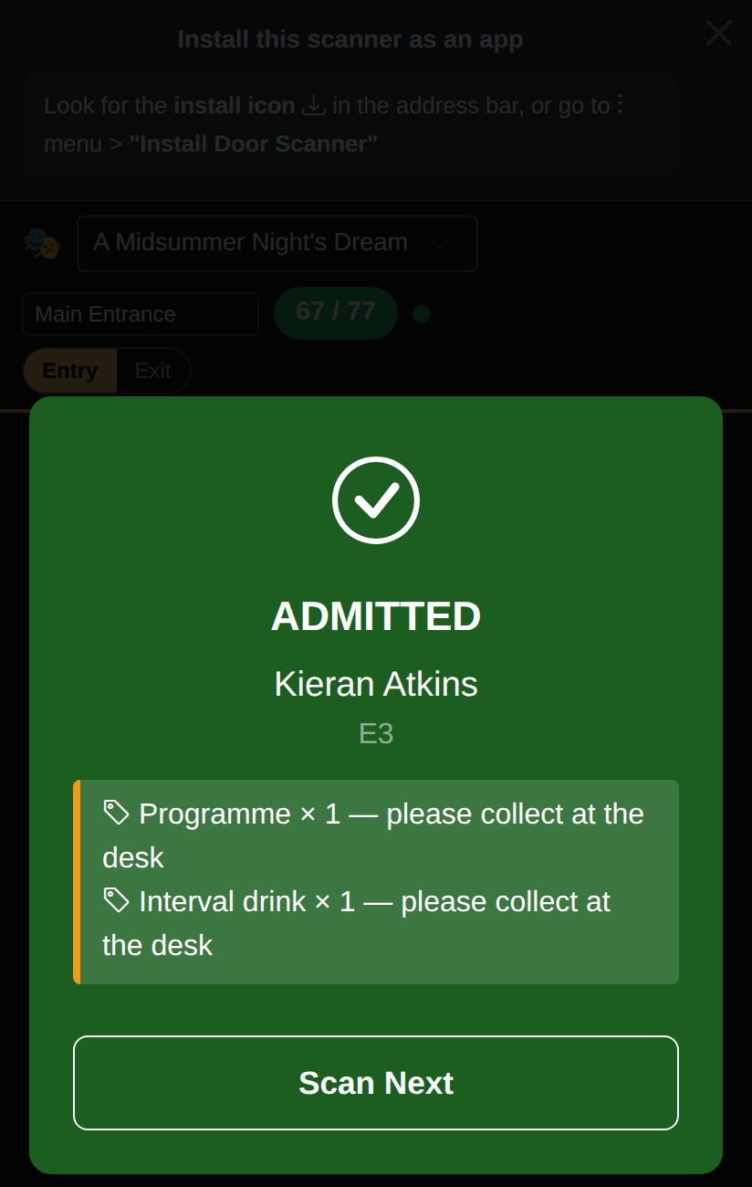 An admitted ticket with a programme and an interval drink to collect.