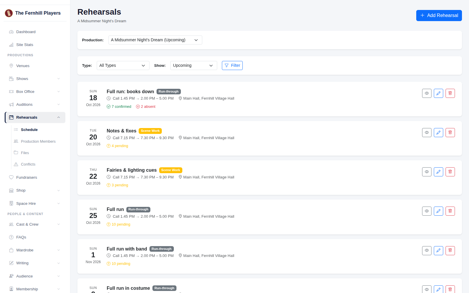The schedule, with replies counted for each rehearsal.