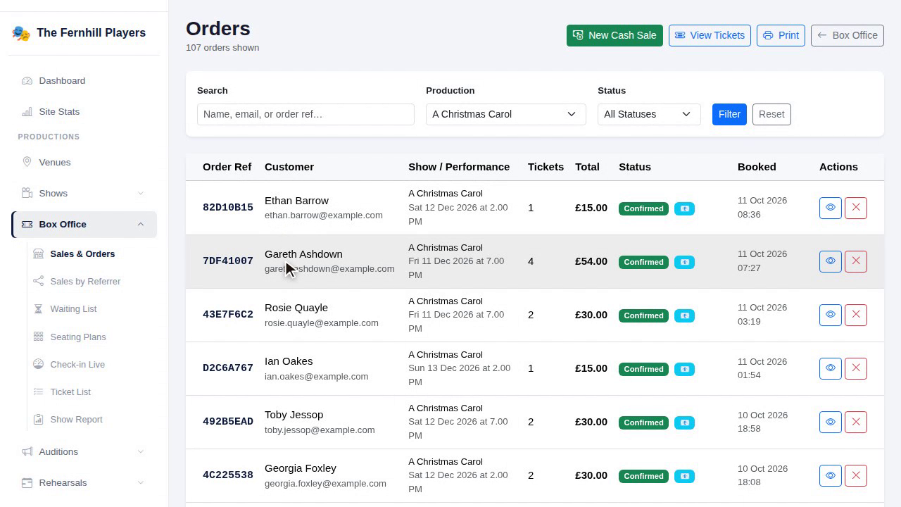 Orders as they come in, with the customer, performance and total.