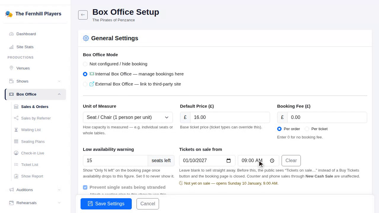 General settings, including the date and time tickets go on sale.