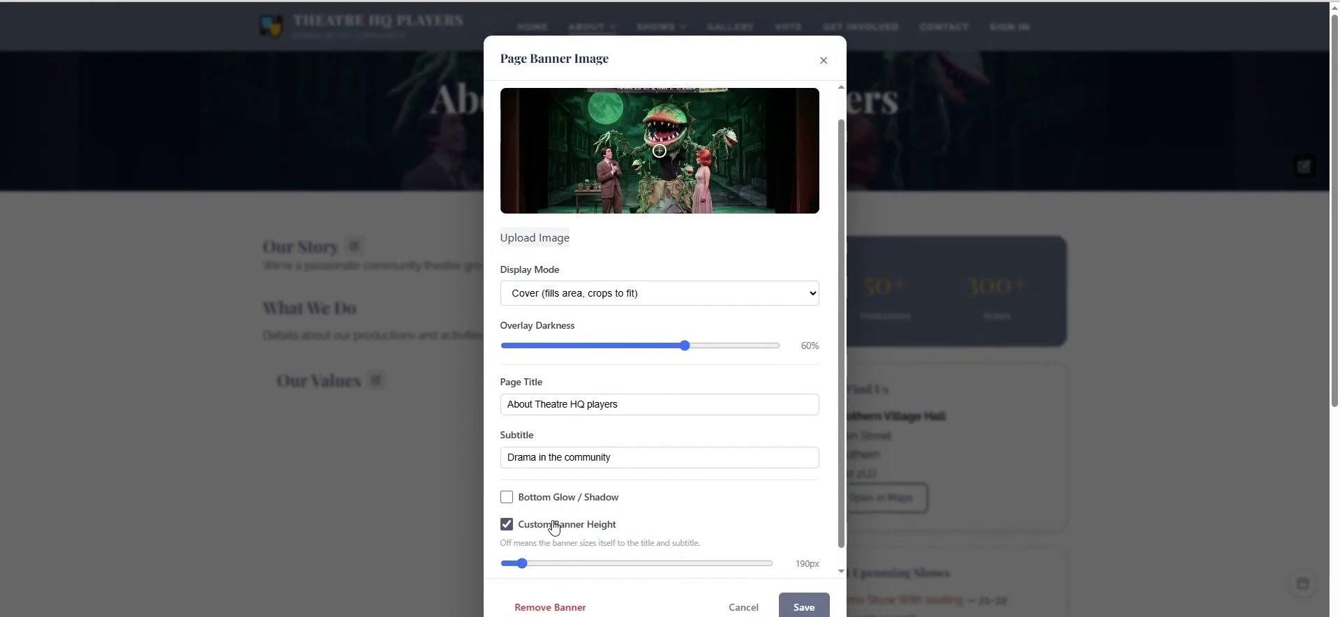 Set a banner image and optional custom height for page headers.