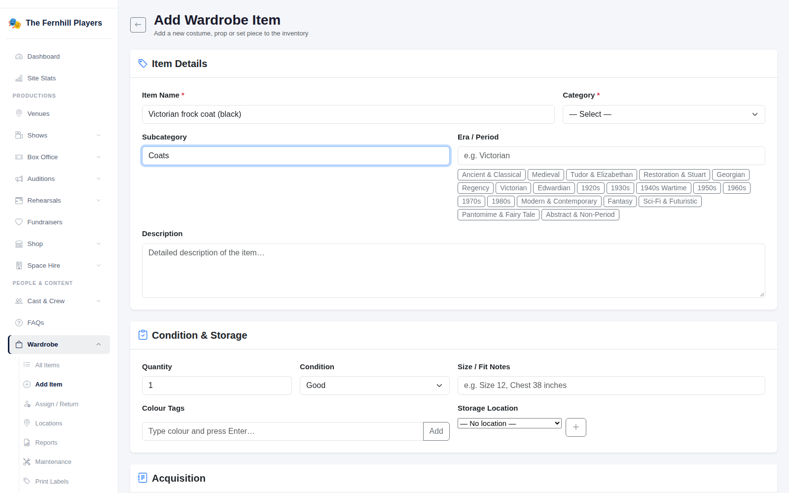 Adding a wardrobe item: details, period, condition, quantity and storage location.
