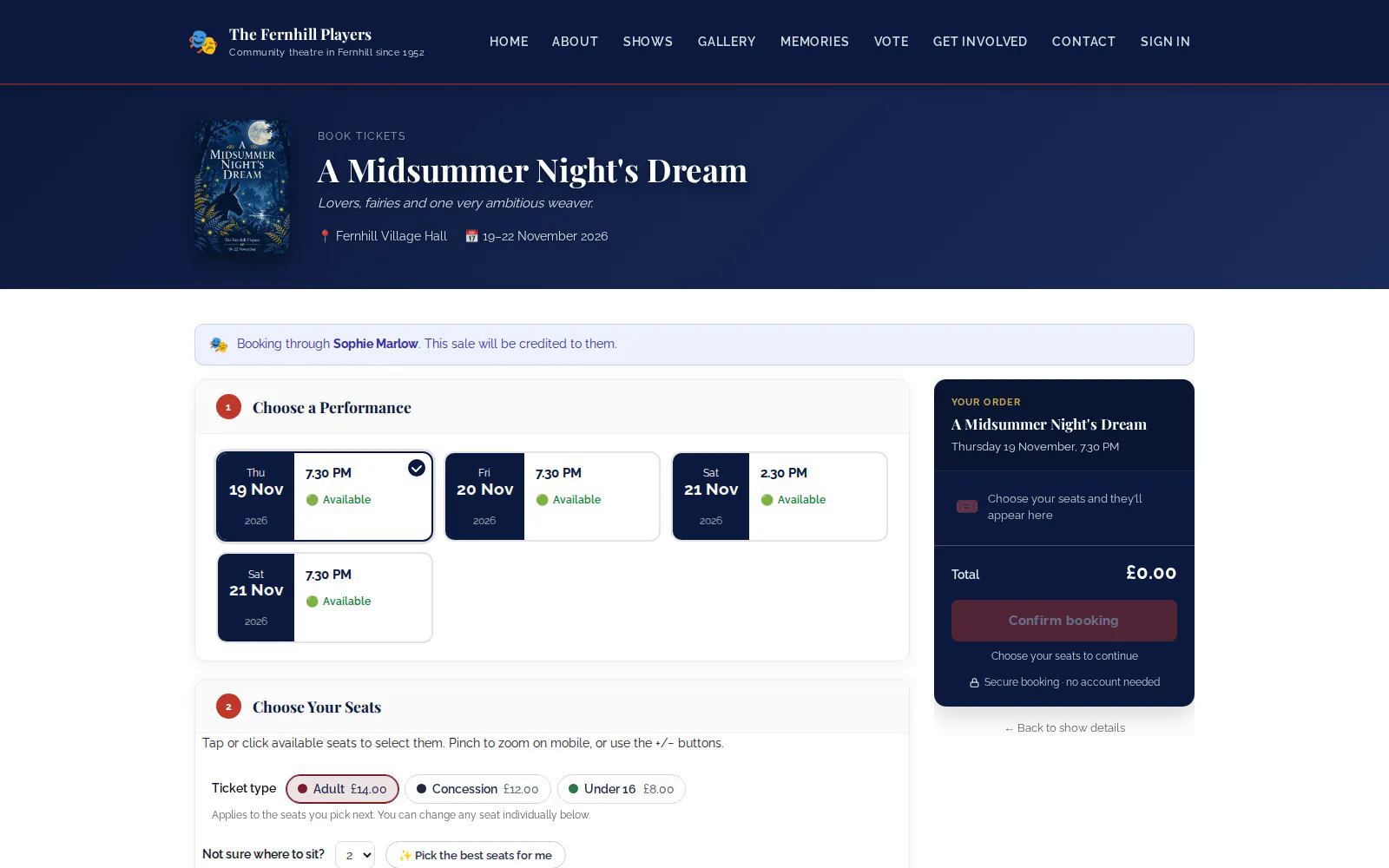 A booking page opened from a cast member's link.