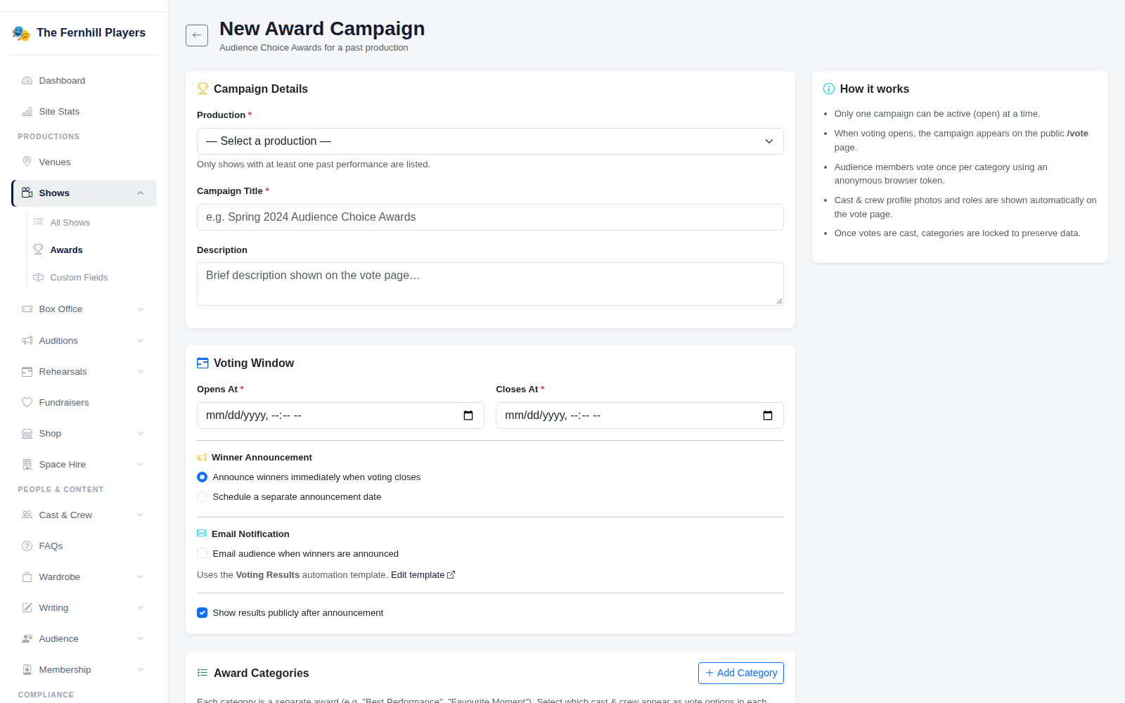 A new award campaign: production, voting window, announcement options and categories.