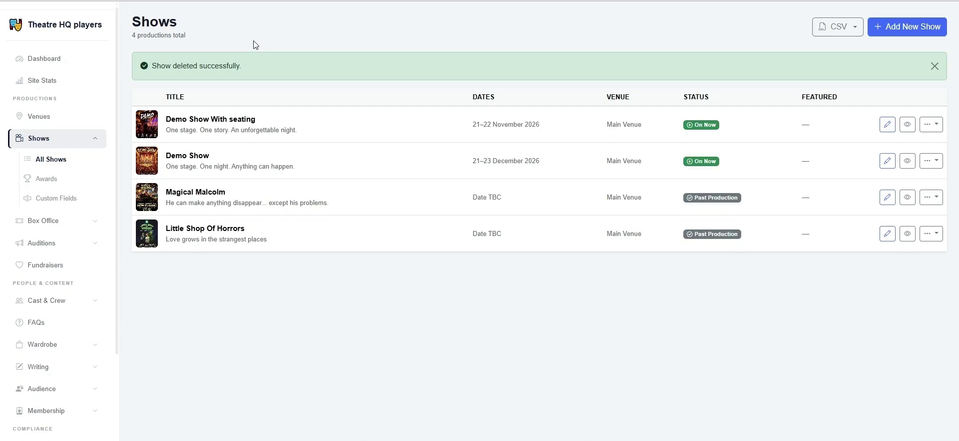 Open Shows from the sidebar, then choose All Shows.