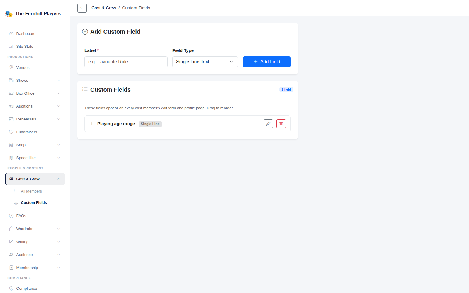 Cast and crew custom fields, shown on every profile.