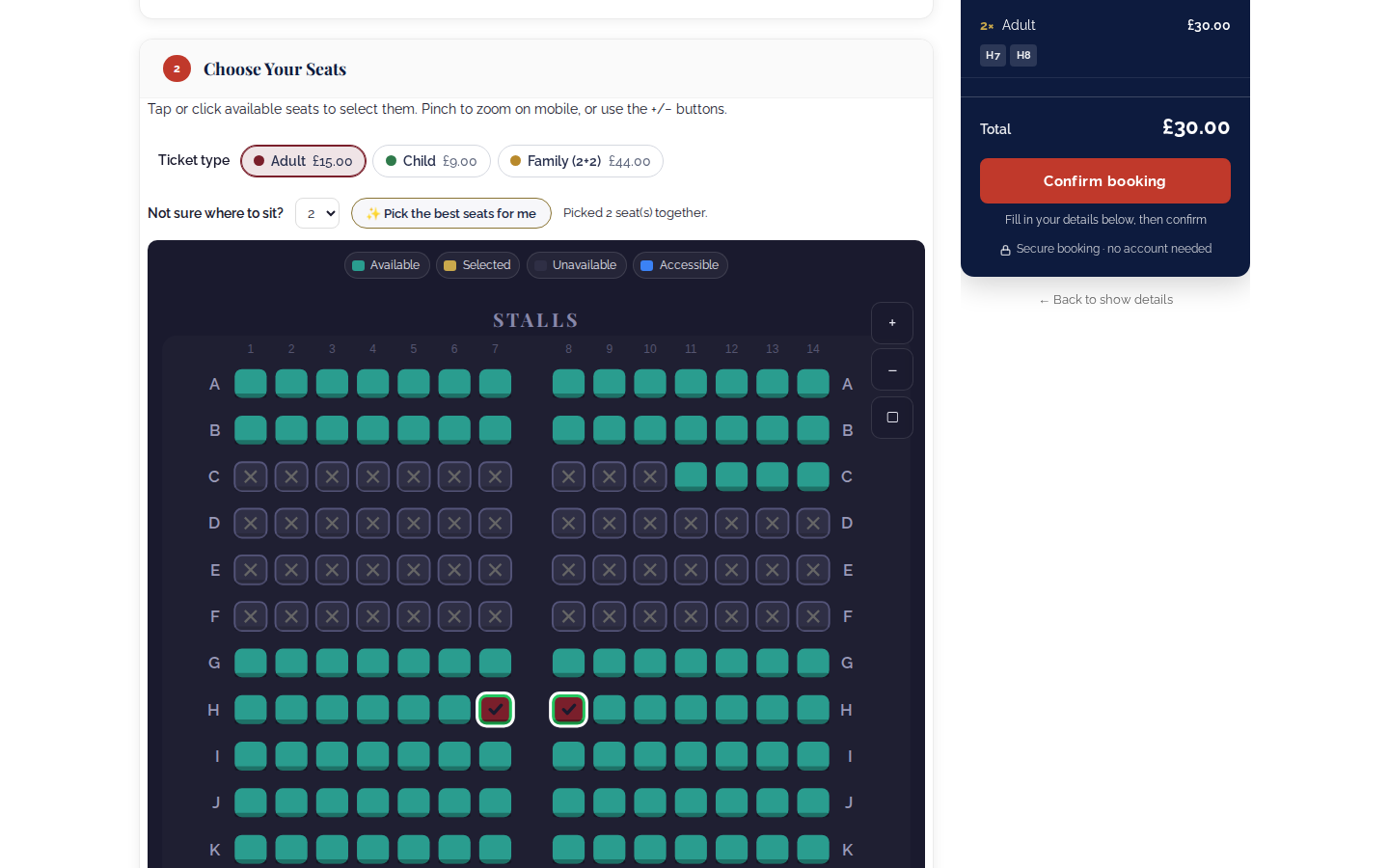 Picking seats: ticket types, the seating plan and the order summary.