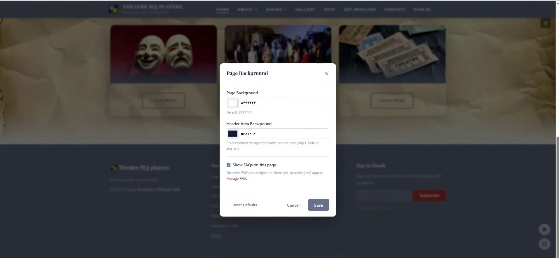 Control default page background, header area, and FAQ display.