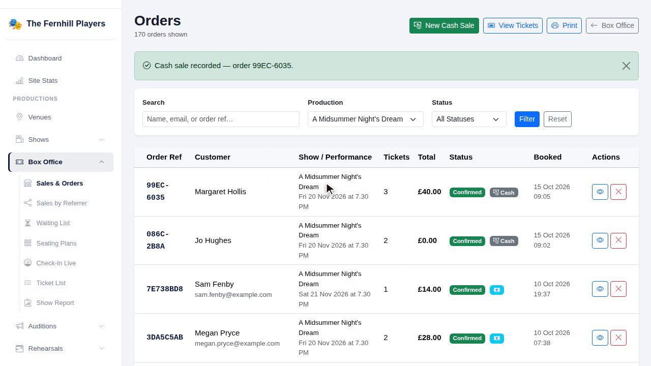 The new order in Sales & Orders, marked Cash.