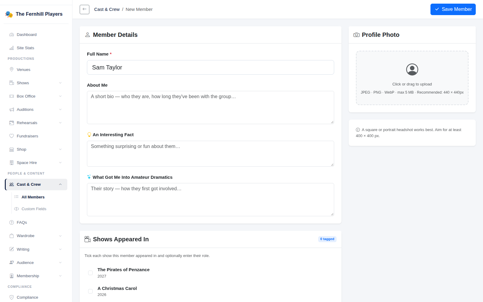 Adding a cast member: their details, the shows they appeared in and a profile photo.