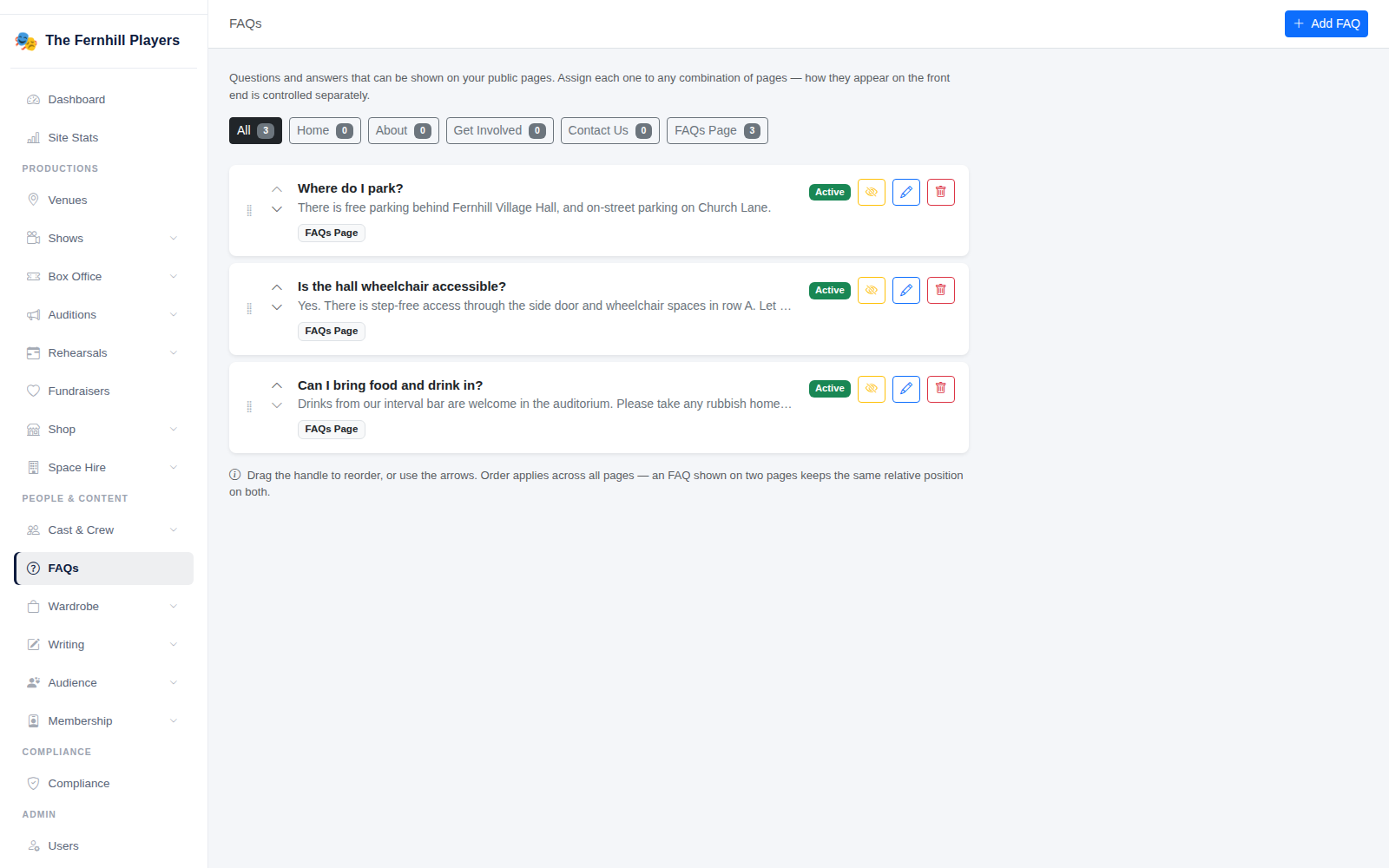 FAQs, with tabs showing how many questions are on each page.