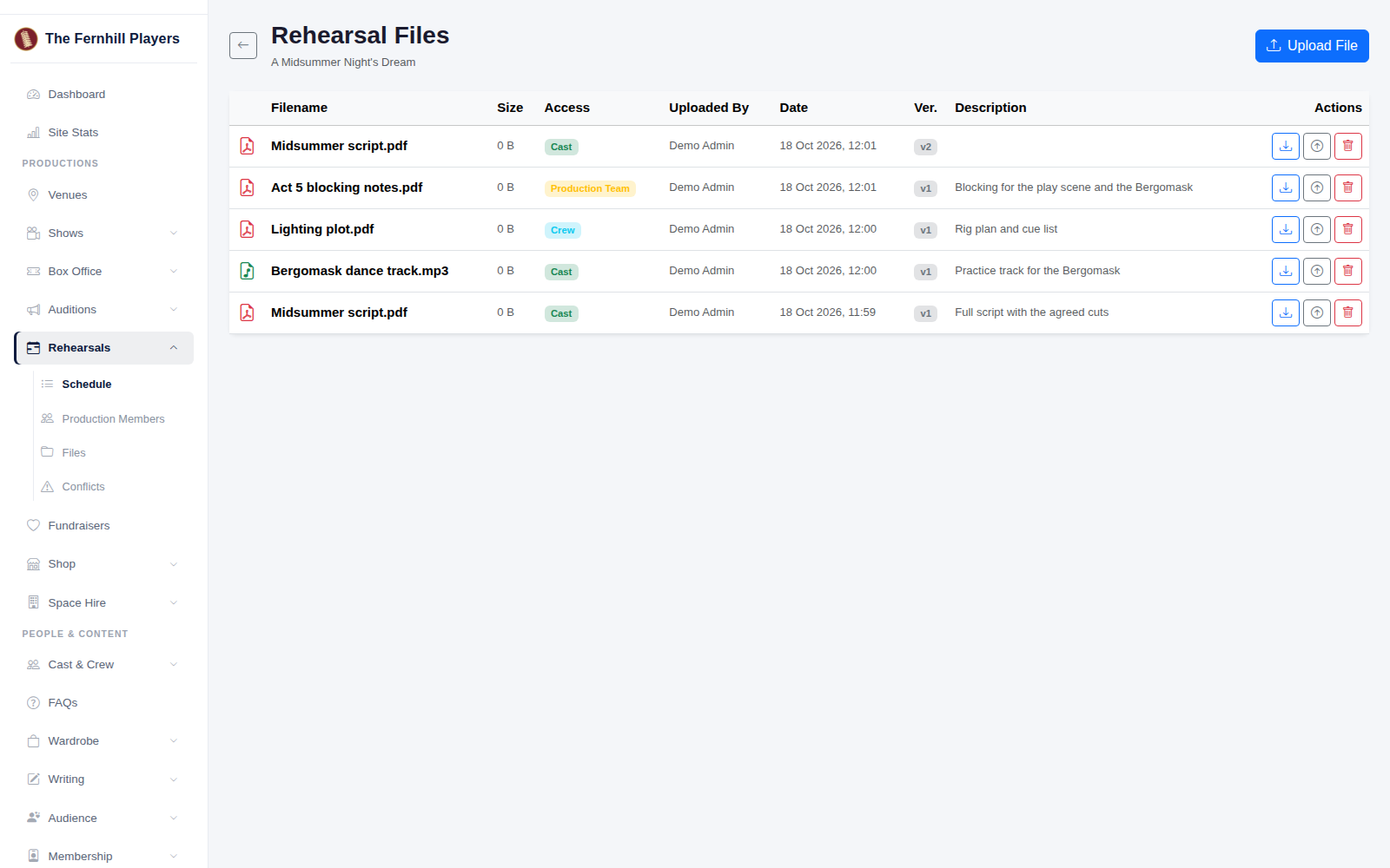 Files for A Midsummer Night's Dream, with access and version shown.