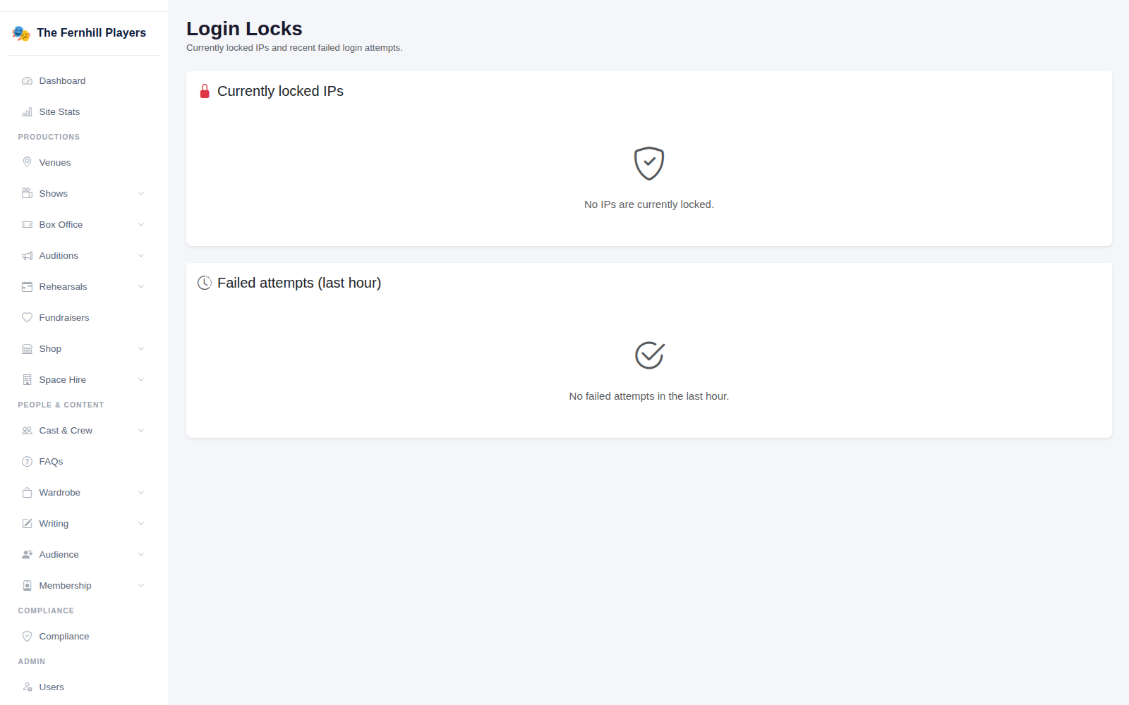 Login Locks: addresses currently locked and recent failed attempts.