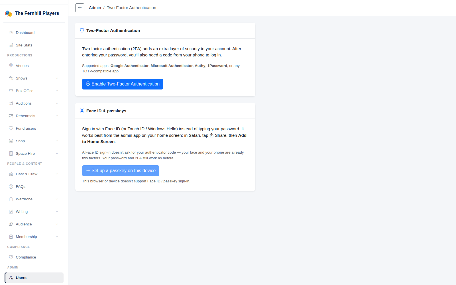 Two-Factor Authentication settings, with the option to sign in with Face ID or a passkey.