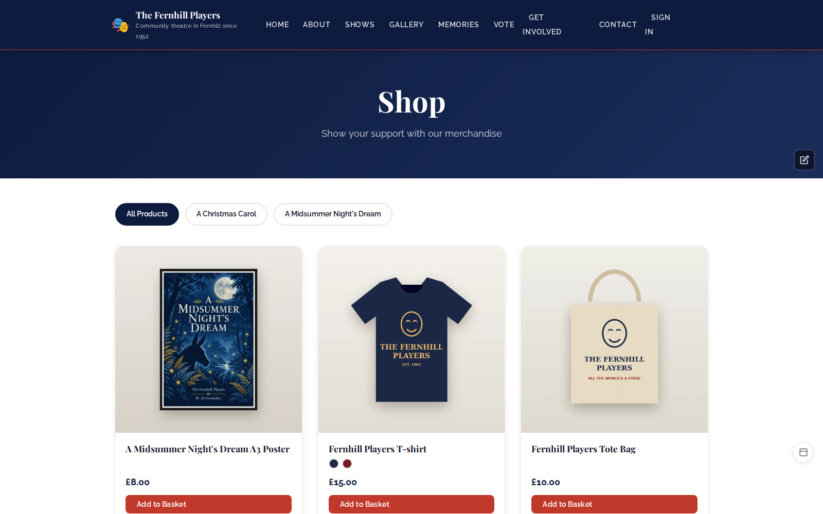 The shop on the society's website, with products filtered by show.