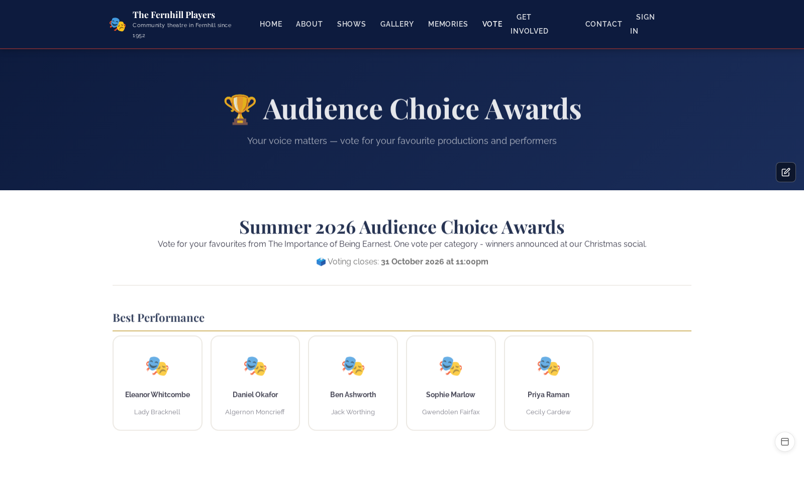 The vote page on the society's website, with nominees for each category.
