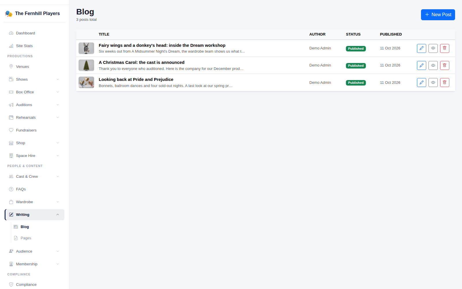 The blog: each post with its author, status and published date.