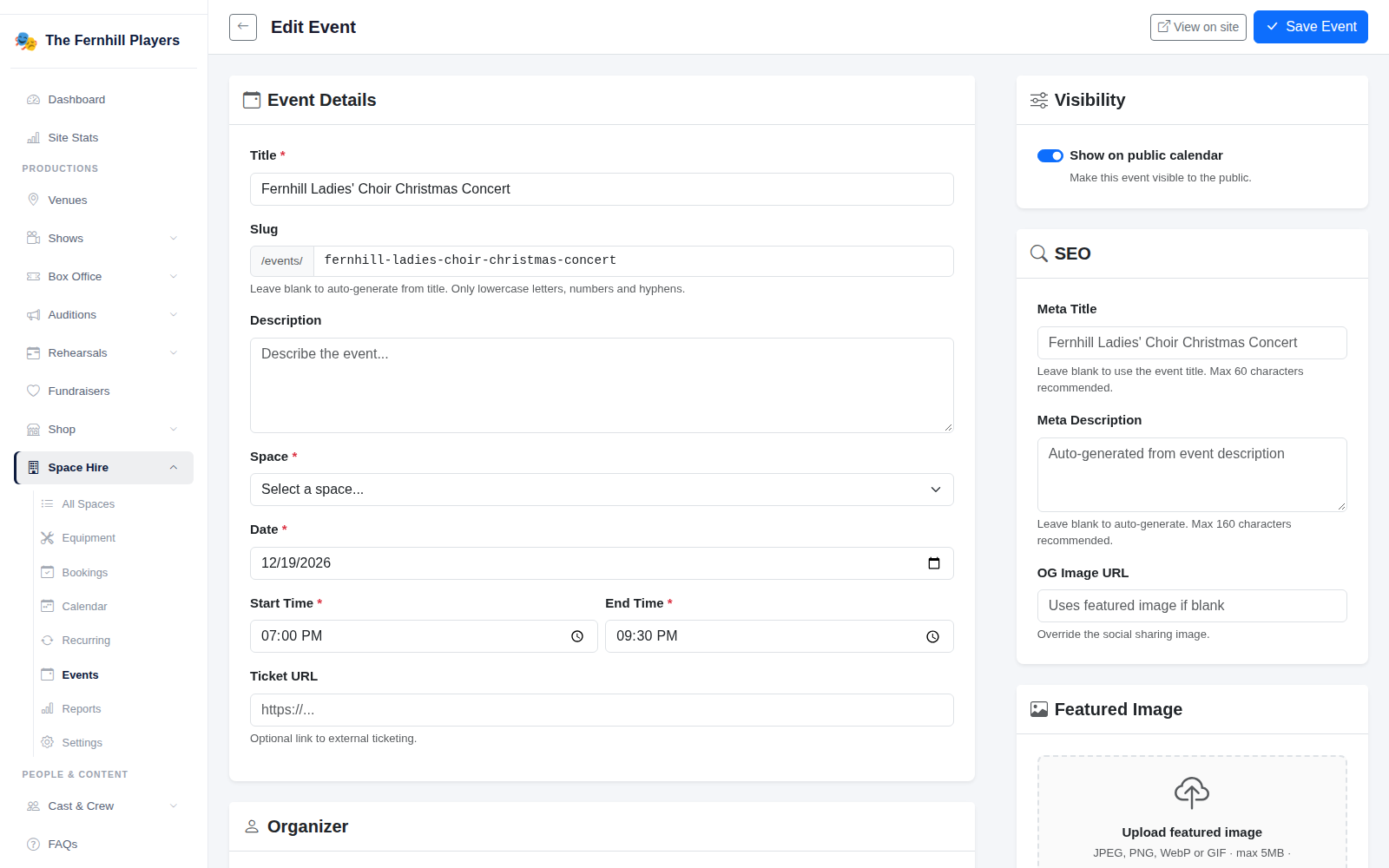 Editing an event: title, description, room, date and times, ticket link and visibility.