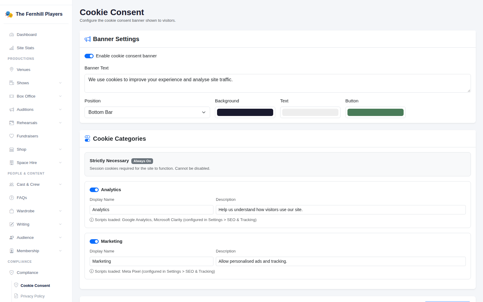 Cookie Consent: banner text, position, colours and the cookie categories.