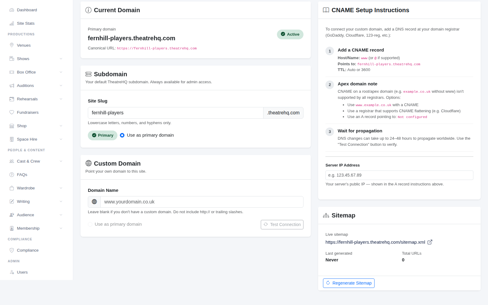 The CNAME setup instructions, your server address and your sitemap.