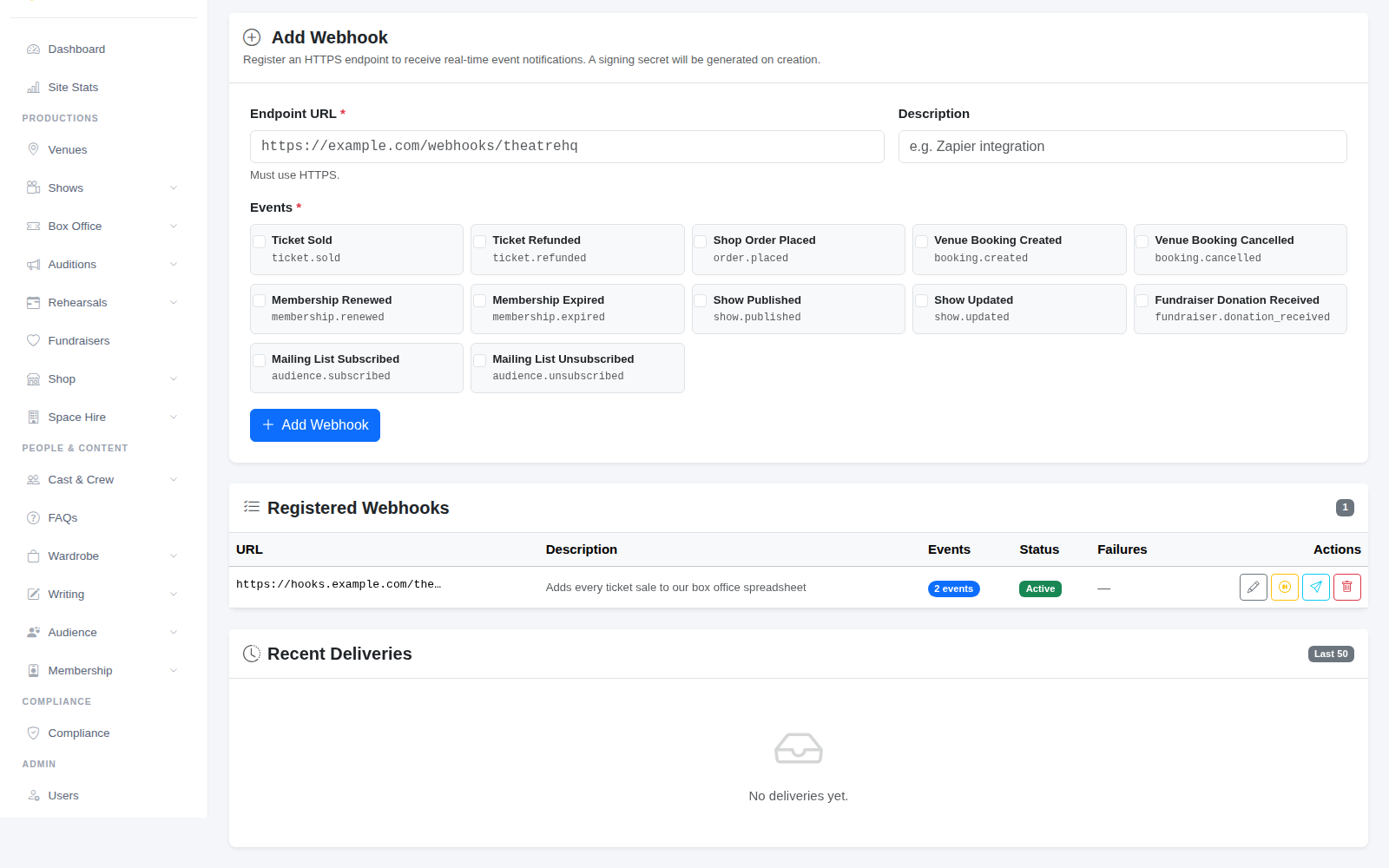 Registered webhooks and the recent deliveries log.