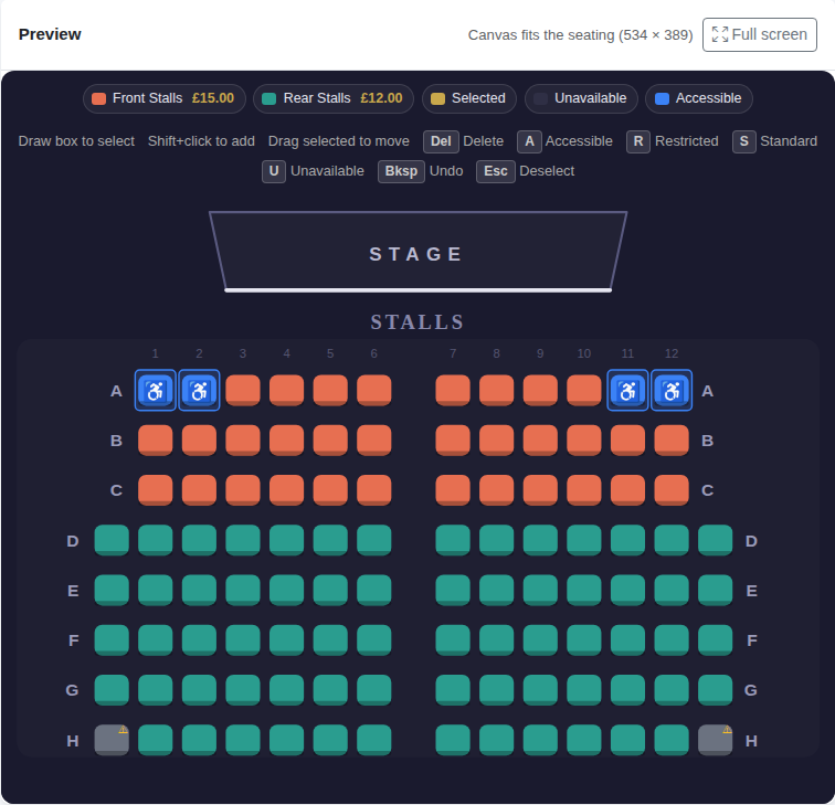 The finished layout in the preview, with accessible seats in row A and restricted-view seats in row H.