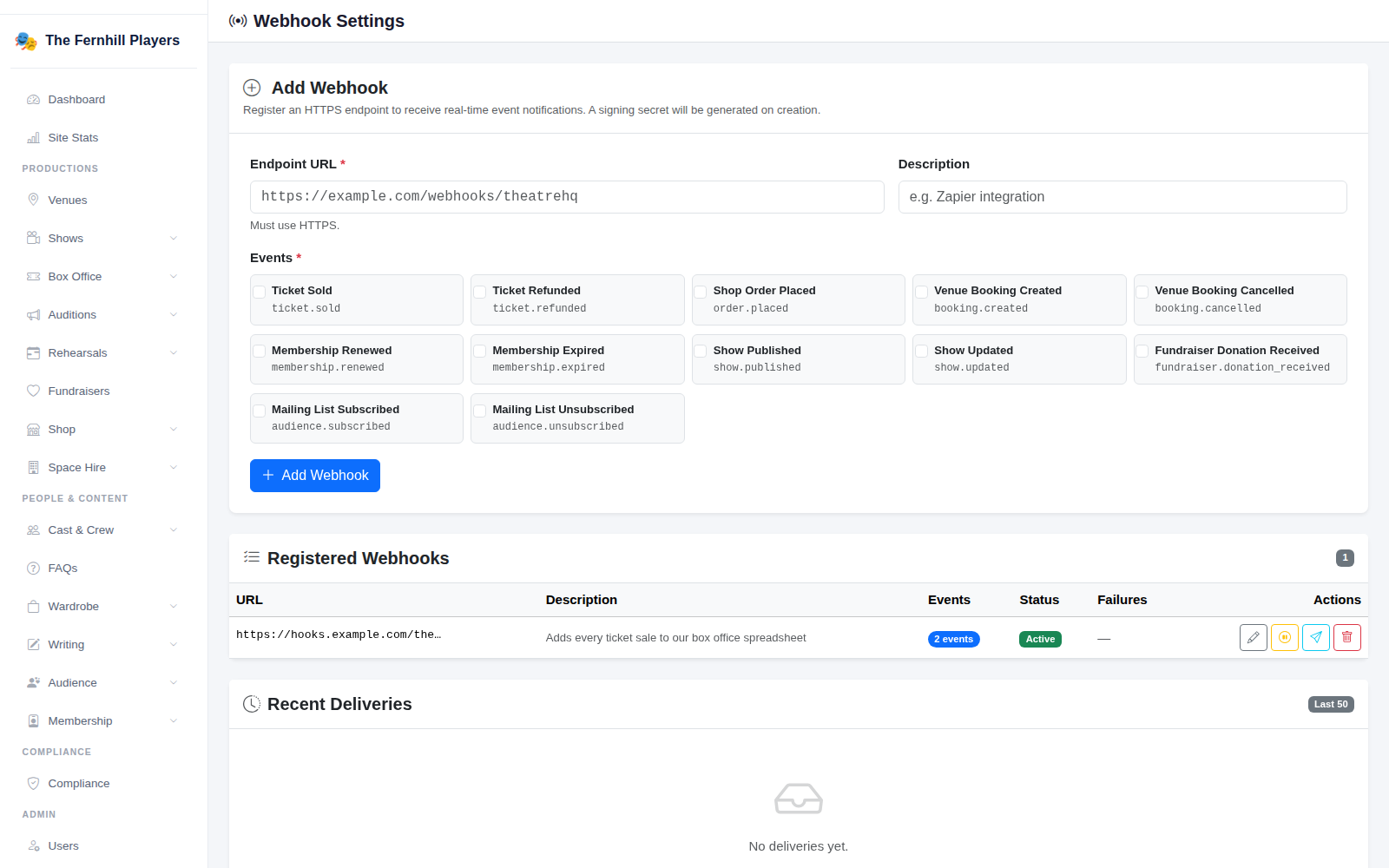 Adding a webhook: the address, a description and the events to send.