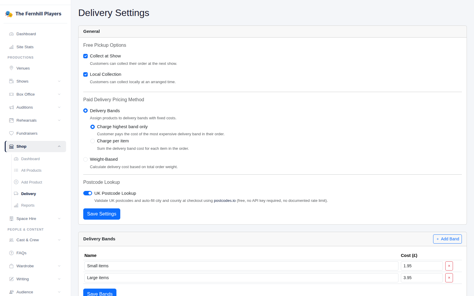 Delivery Settings: free pickup options, the pricing method, postcode lookup and delivery bands.