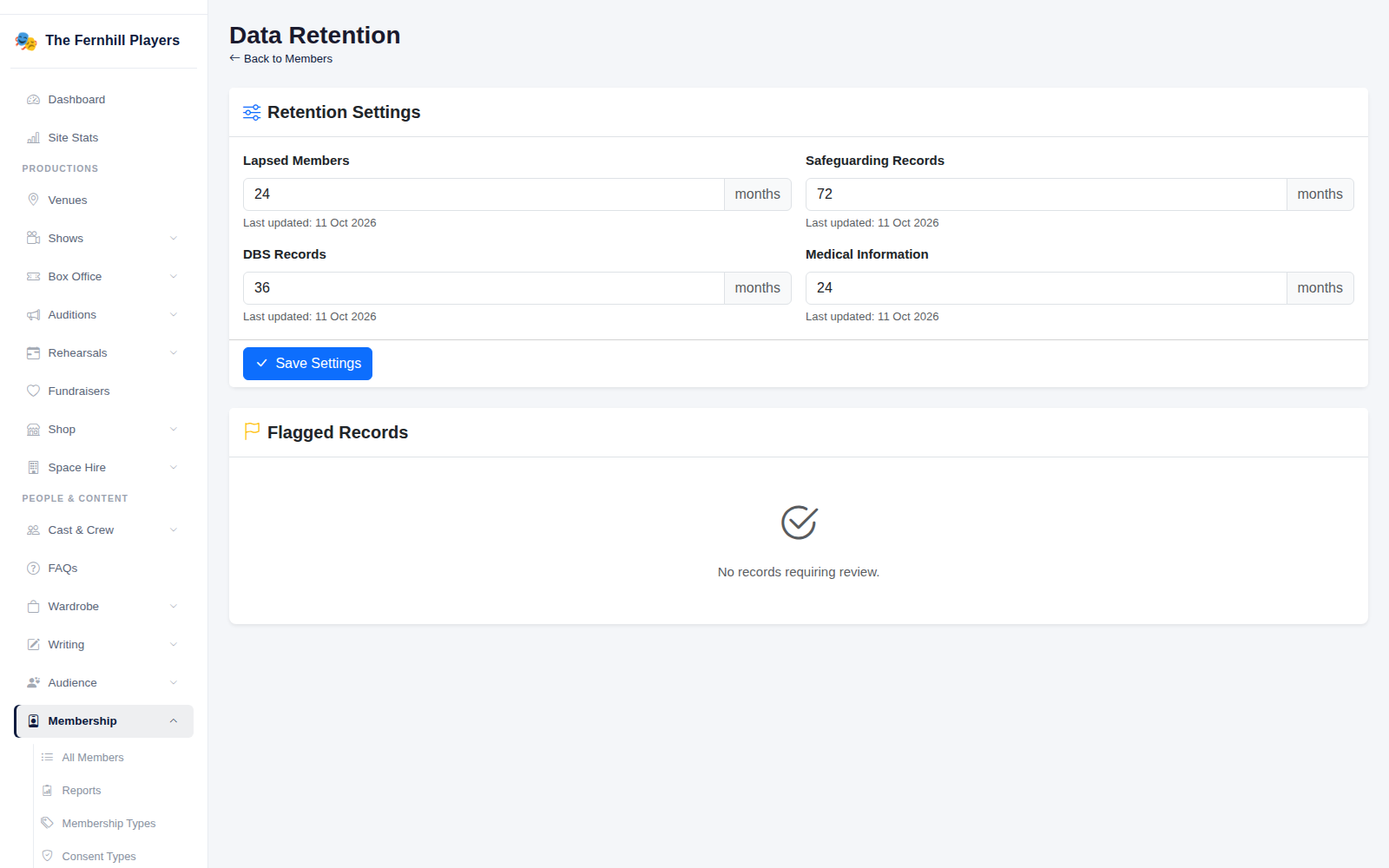 Data Retention: how many months to keep each kind of record, and records flagged for review.