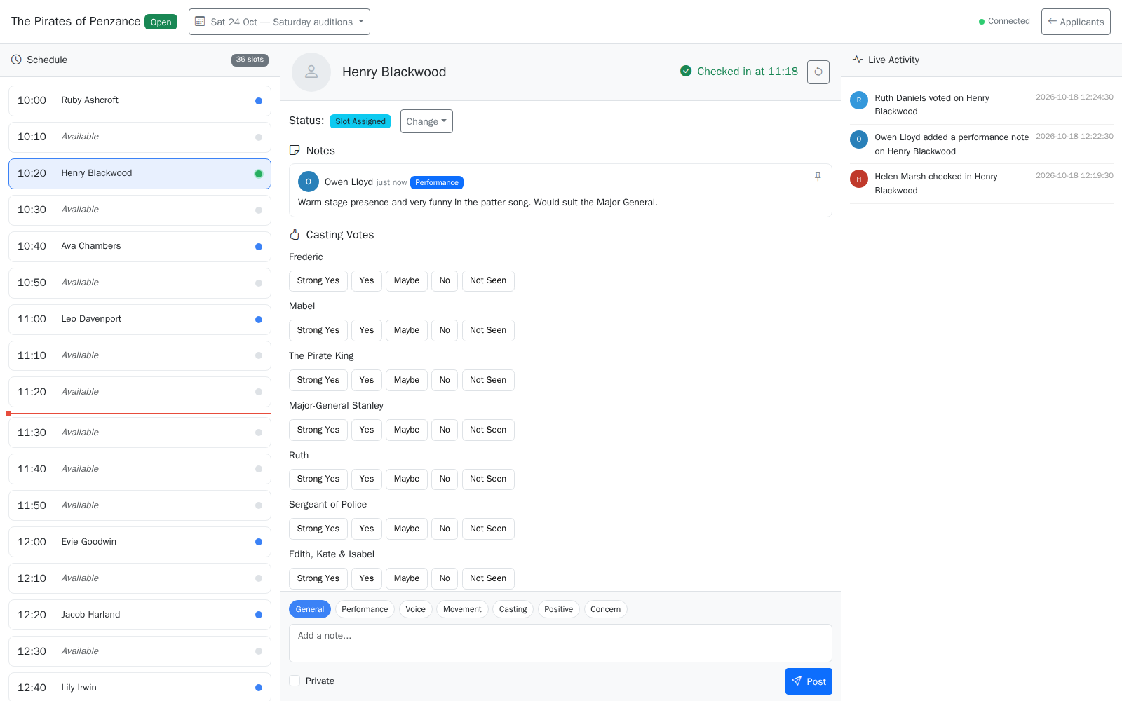 The schedule, the selected auditionee and the live activity feed.