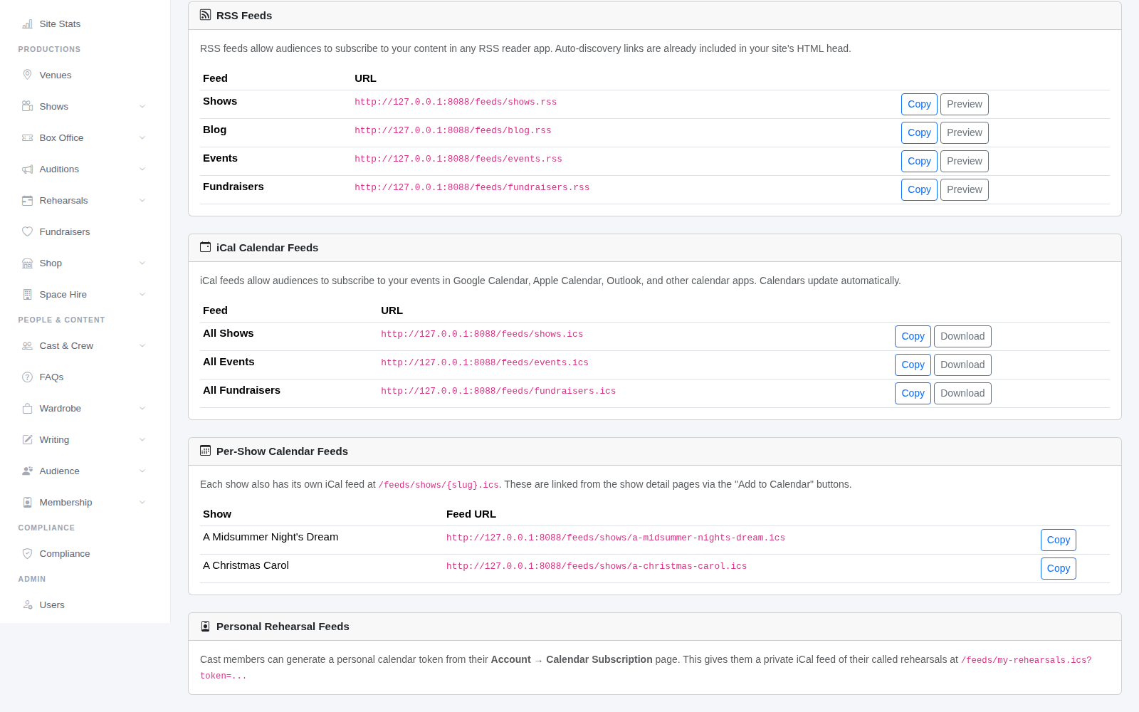 Calendar feeds for all shows, events and fundraisers, and one for each show.